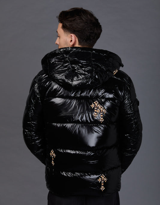 Black Shiny Jacket - Cross Leopard
