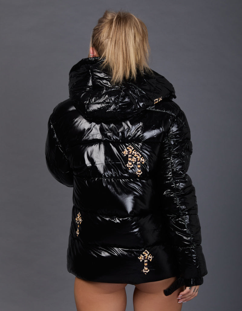 Black Shiny Jacket - Cross Leopard