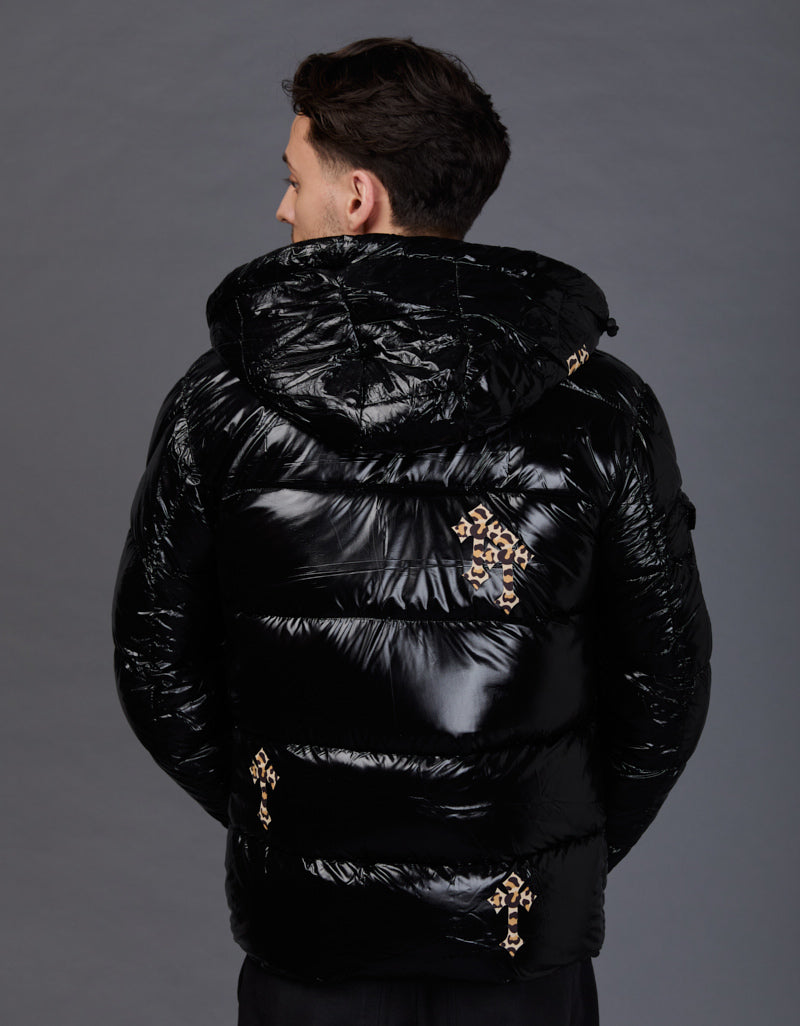 Black Shiny Jacket - Cross Leopard