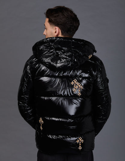 Black Shiny Jacket - Cross Leopard