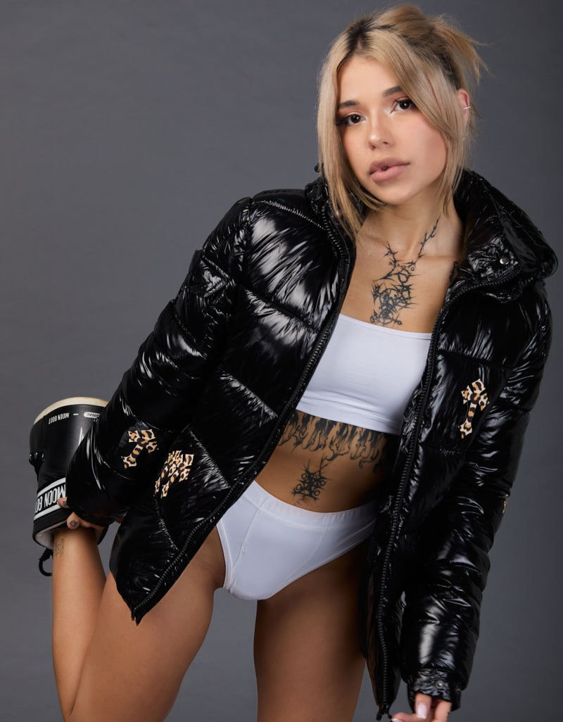 Black Shiny Jacket - Cross Leopard