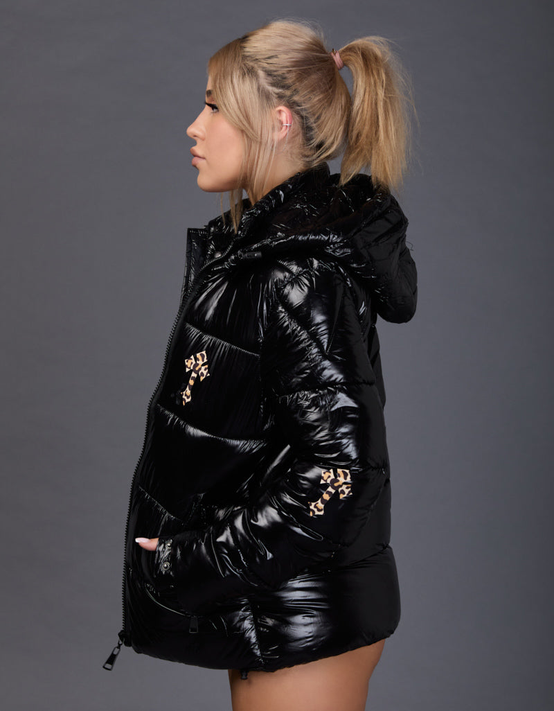 Black Shiny Jacket - Cross Leopard